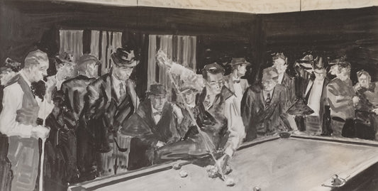 a black and white photo of a pool table