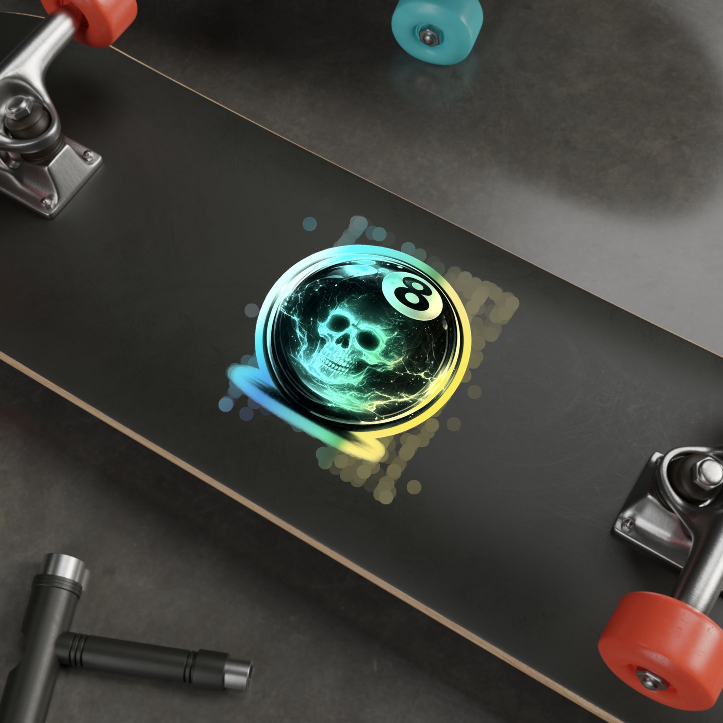 Holographic 8-Ball Skull Die-Cut Stickers — Iridescent Skateboard Decals