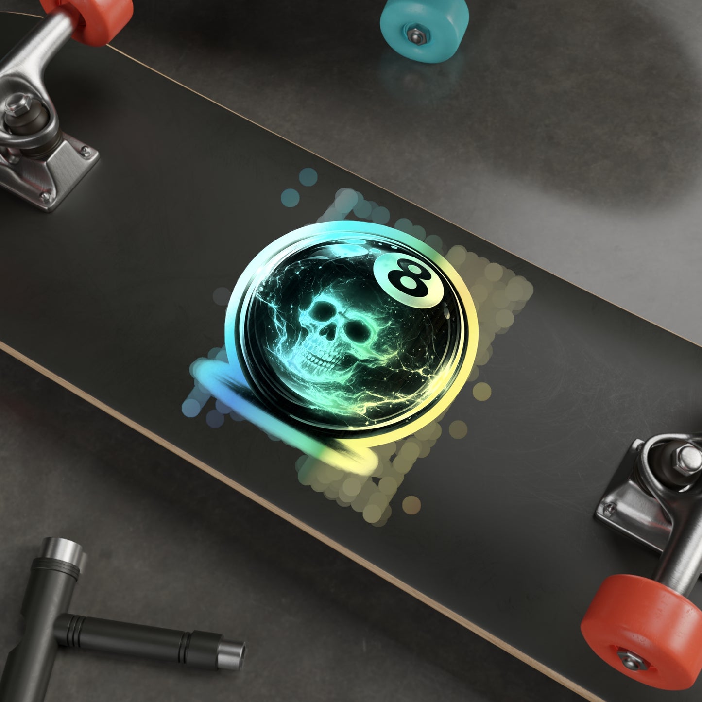 Holographic 8-Ball Skull Die-Cut Stickers — Iridescent Skateboard Decals